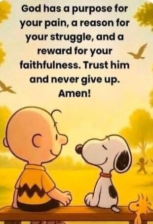 God has a purpose for your pain, a reason for your struggle, and a reward for your faithfulness. Trust him and never give up. Amen!