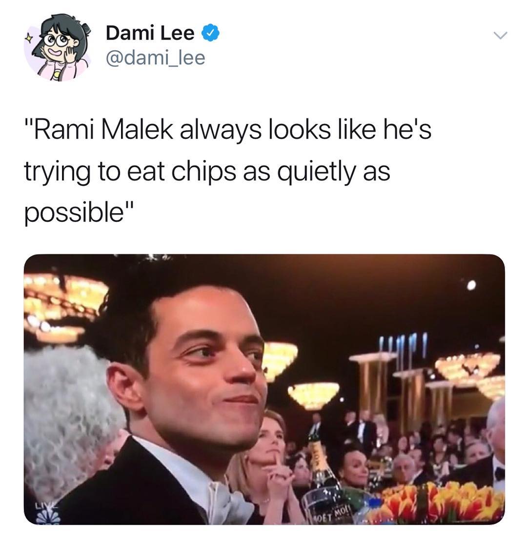 I Dami Lee dami_lee Rami Malek always looks like hes trying to eat chips as quietly as possible