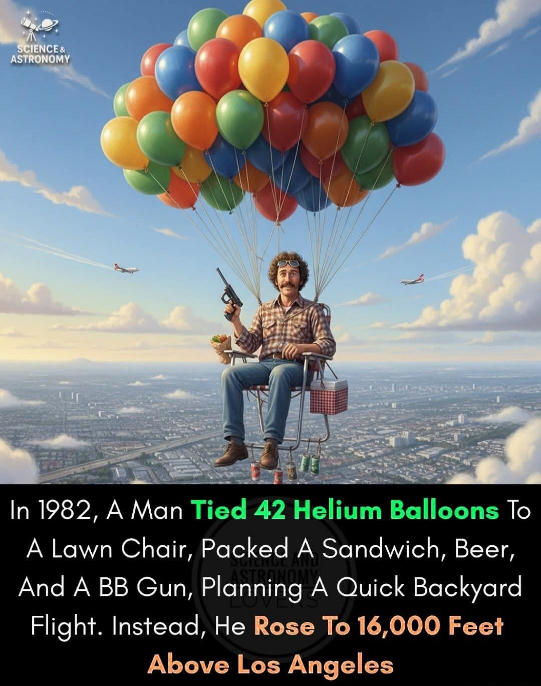 In 1982, A Man Tied 42 Helium Balloons To A Lawn Chair, Packed A Sandwich, Beer, And A BB Gun, Planning A Quick Backyard Flight. Instead, He Rose To 16,000 Feet Above Los Angeles
