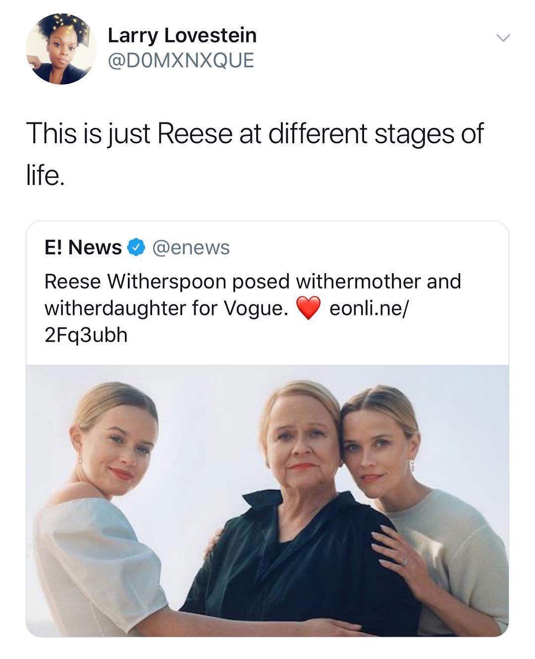 Larry Lovestein DOMXNXQUE This is just Reese at different stages of life E News enews Reese Witherspoon posed withermother and witherdaughter for Vogue eonline 2Fq3ubh