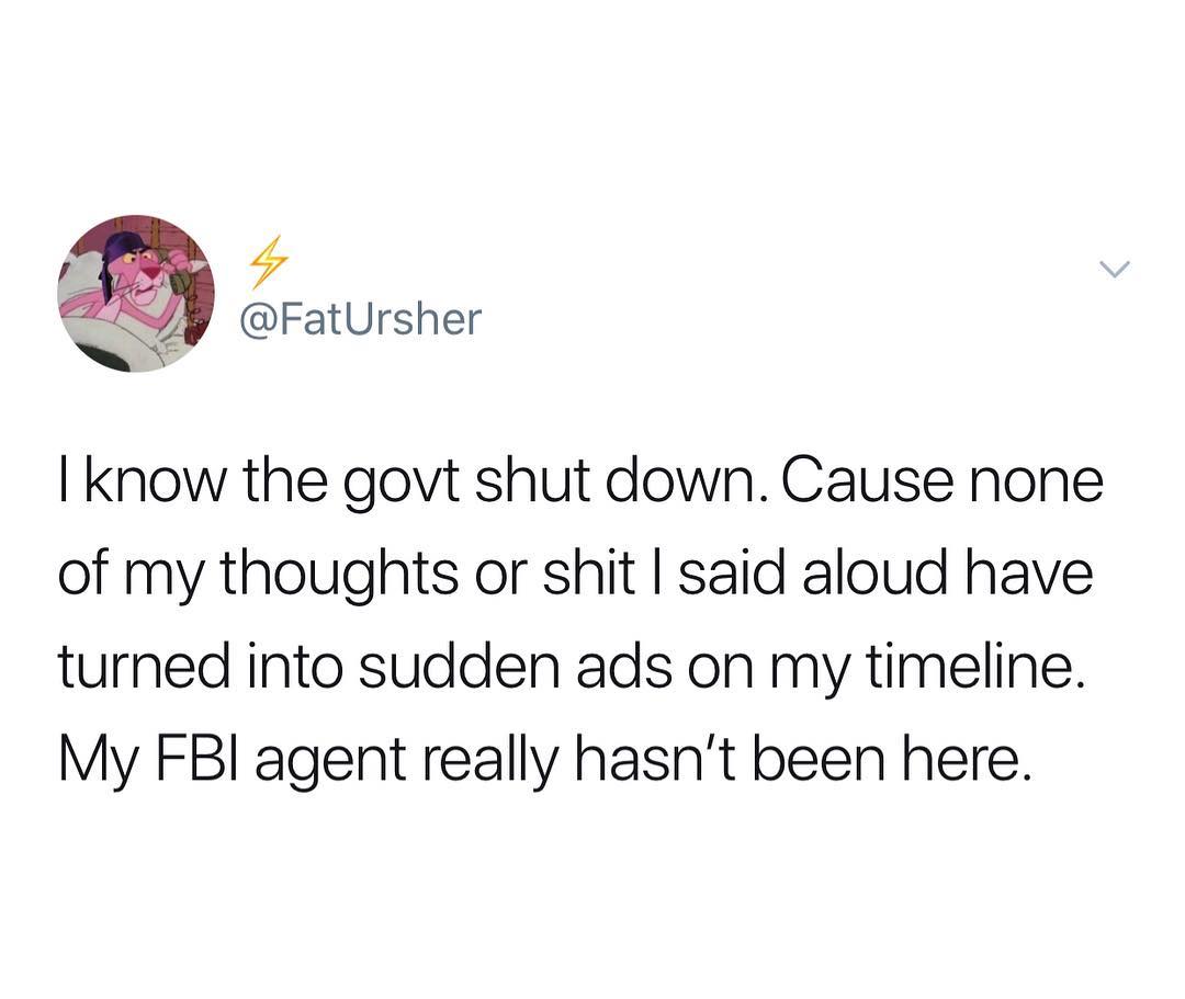i 4 FatUrsher know the govt shut down Cause none of my thoughts or shit said aloud have turned into sudden ads on my timeline My FBIl agent really hasnt been here