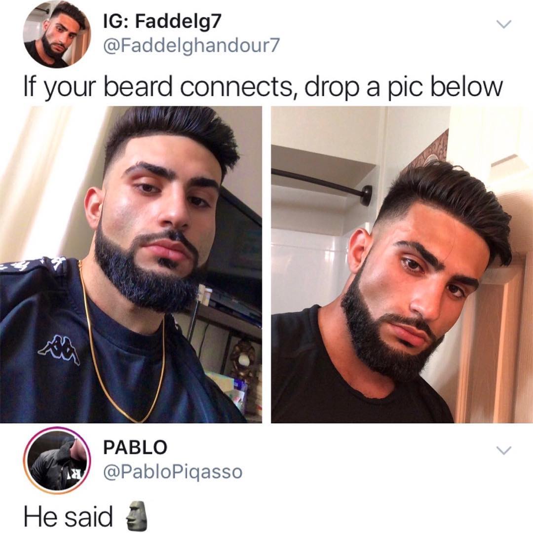 a IG Faddelg7 Faddelghandour If your beard connects drop a pic below PABLO PabloPigasso He said