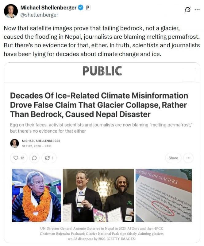 Michael Shellenberger @shellenberger Now that satellite images prove that failing bedrock, not a glacier, caused the flooding in Nepal, journalists are blaming melting permafrost. But there's no evidence for that, either. In truth, scientists and journalists have been lying for decades about climate change and ice. PUBLIC Decades Of Ice-Related Cli