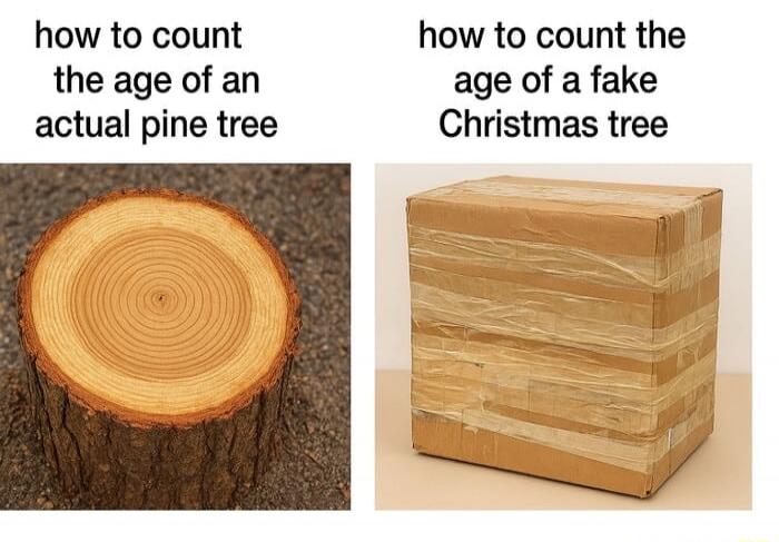 how to count the age of an actual pine tree

how to count the age of a fake Christmas tree