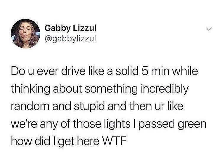 A Gabby Lizzul J gabbylizzul Do u ever drive like a solid 5 min while thinking about something incredibly random and stupid and then ur like were any of those lights passed green how did get here WTF