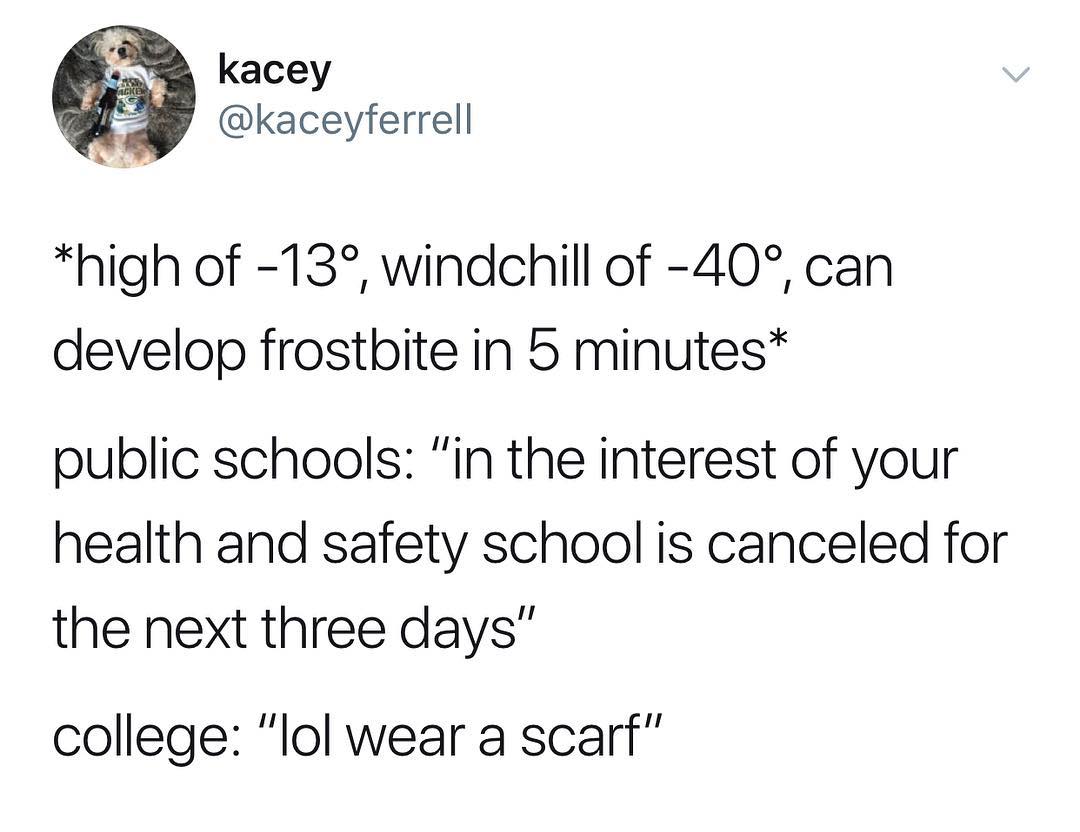 kacey kaceyferrell high of 13 windchill of 40 can develop frostbite in 5 minutes public schools in the interest of your health and safety school is canceled for the next three days college lol wear a scarf