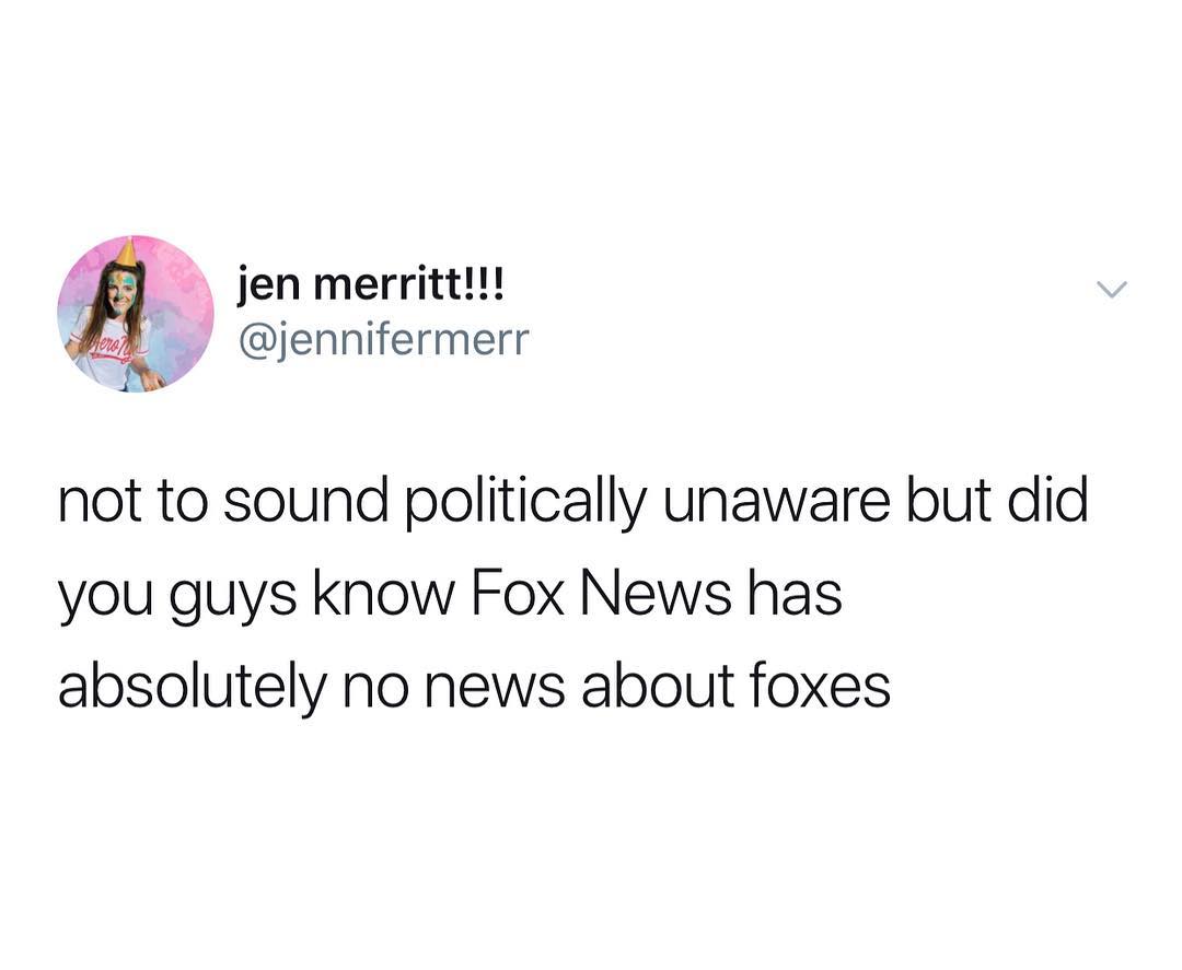 f jenmerritt jennifermerr not to sound politically unaware but did you guys know Fox News has absolutely no news about foxes