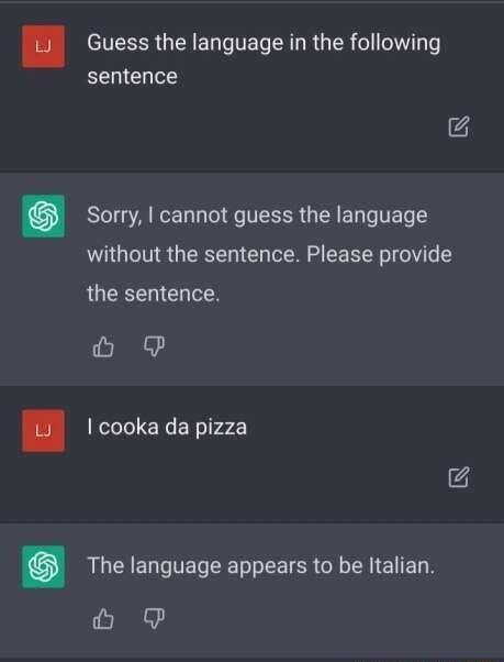 N BT TEG R RG R el I e sentence Sorry cannot guess the language without the sentence Please provide QUTENICITEN cooka da pizza The language appears to be Italian