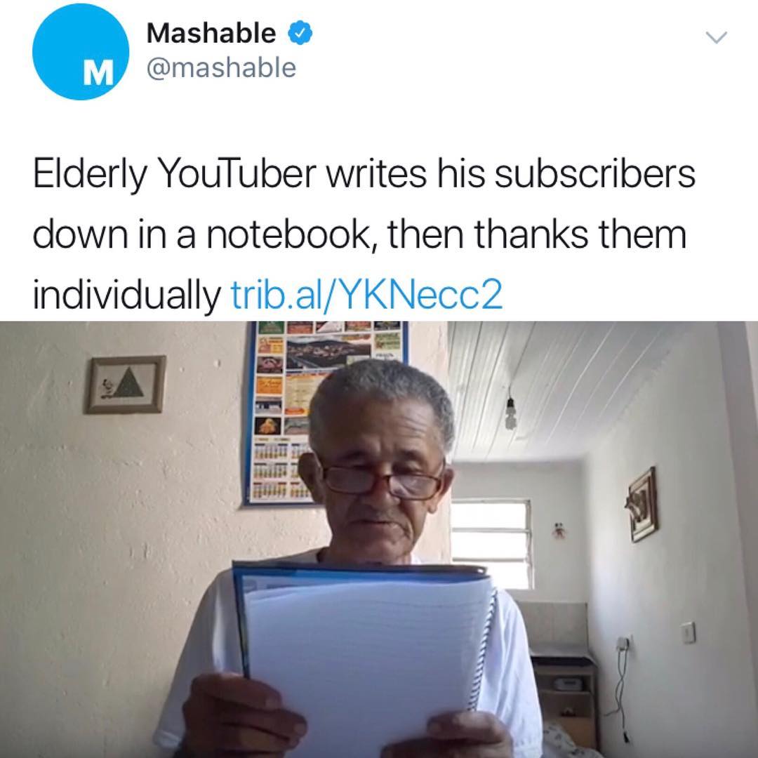 Mashable mashable Elderly YouTuber writes his subscribers down in a notebook then thanks them individually trib aIYKNech