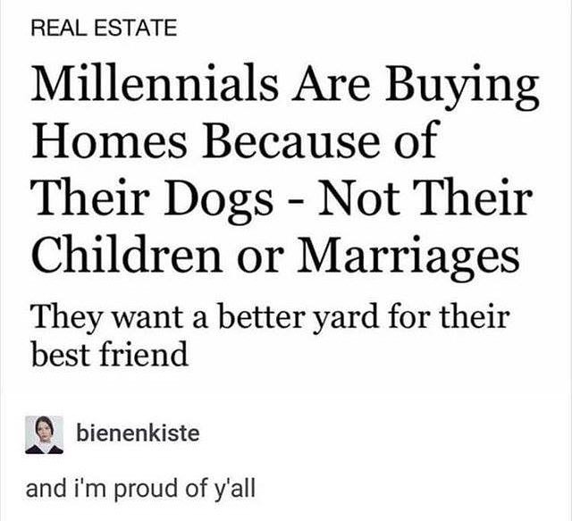 REAL ESTATE Millennials Are Buying Homes Because of Their Dogs Not Their Children or Marriages They want a better yard for their best friend Q bienenkiste and im proud of yall