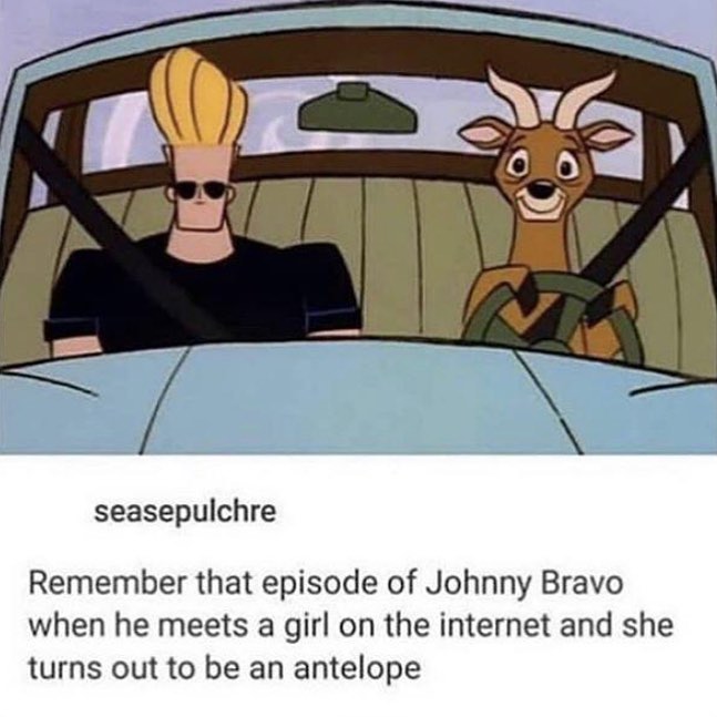 seasepulchre Remember that episode of Johnny Bravo when he meets a girl on the internet and she turns out to be an antelope