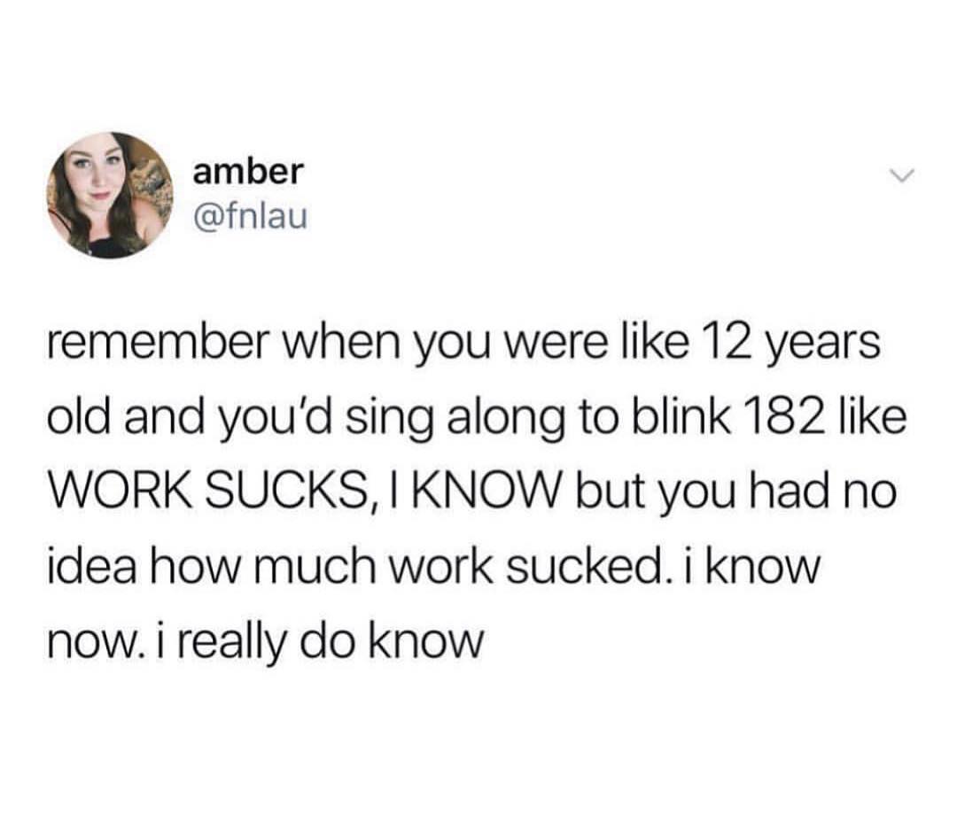 L amber fnlau remember when you were like 12 years old and youd sing along to blink 182 like WORK SUCKS KNOW but you had no idea how much work sucked i know now i really do know