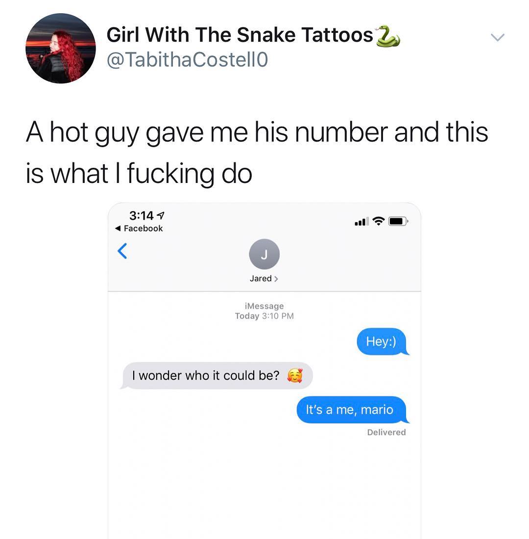 Girl With The Snake Tattoos 2 TabithaCostellO A hot guy gave me his number and this is what fucking do 3149 Facebook o Jared iMessage Today 310 PM wonder who it could be Delivered