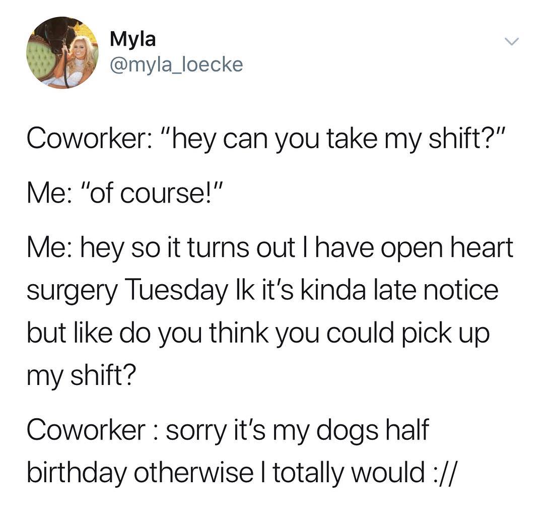 Myla myla_loecke Coworker hey can you take my shift Me of course Me hey so it turns out have open heart surgery Tuesday Ik its kinda late notice but like do you think you could pick up my shift Coworker sorry its my dogs half birthday otherwise totally would