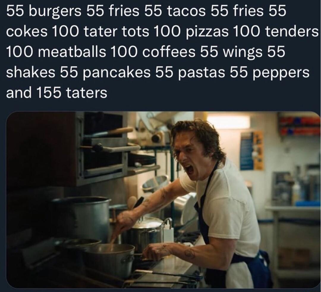 55 burgers 55 fries 55 tacos 55 fries 55 CERIOIOR ENCIR eI CRIOJoN o1F2 EROJOR oo T8 100 meatballs 100 coffees 55 wings 55 shakes 55 pancakes 55 pastas 55 peppers ERCRIREIETS
