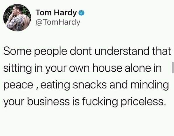 Q Tom Hardy 78 TomHardy Some people dont understand that sitting in your own house alone in peace eating snacks and minding your business is fucking priceless