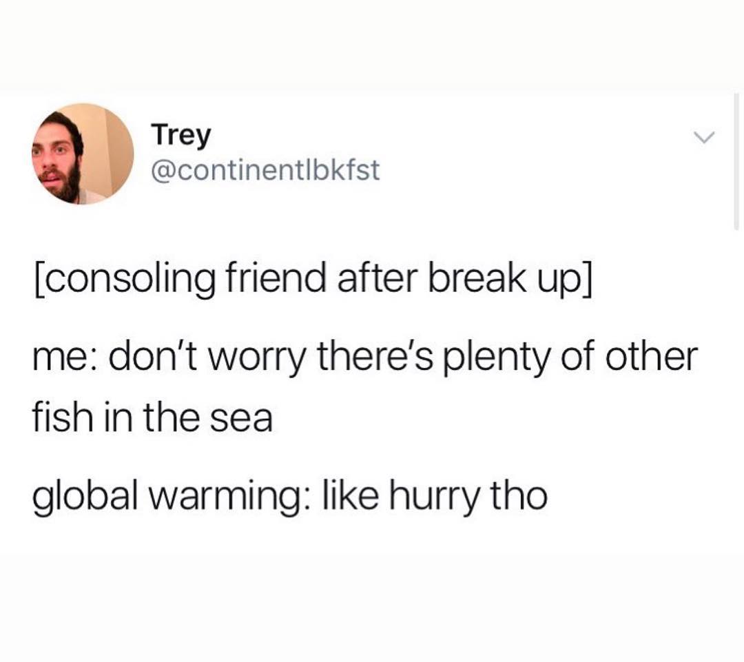 Trey continentlbkfst consoling friend after break up me dont worry theres plenty of other fishin the sea global warming like hurry tho