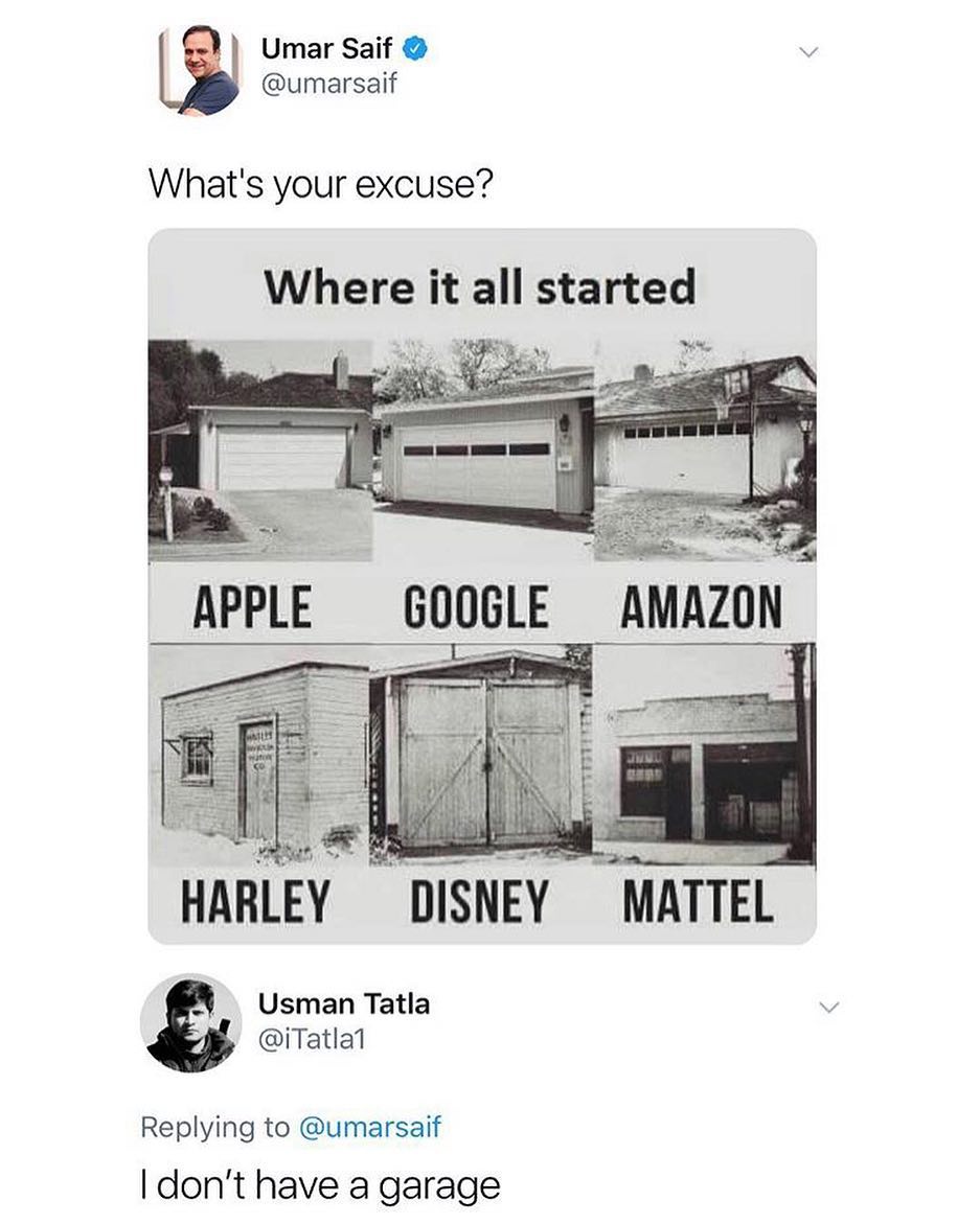 Umar Saif umarsaif Whats your excuse Where it all started HARLEY DISNEY MATTE Usman Tatla iTatlal Replying to umarsaif dont have a garage