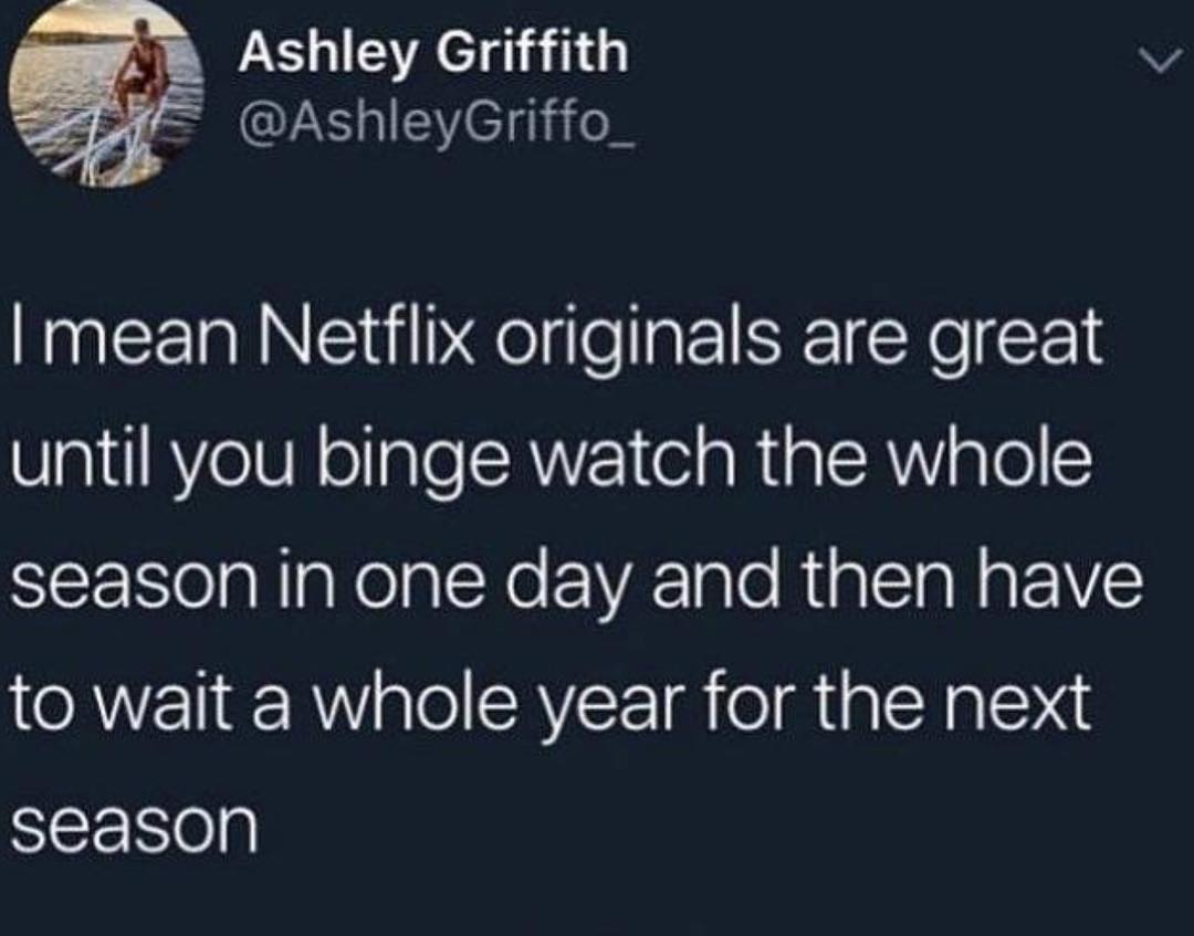 Ashley Griffith v AshleyGriffo_ mean Netflix originals are great until you binge watch the whole St alaNelglNe R Talo RialeTa N EEIVE to wait a whole year for the next season