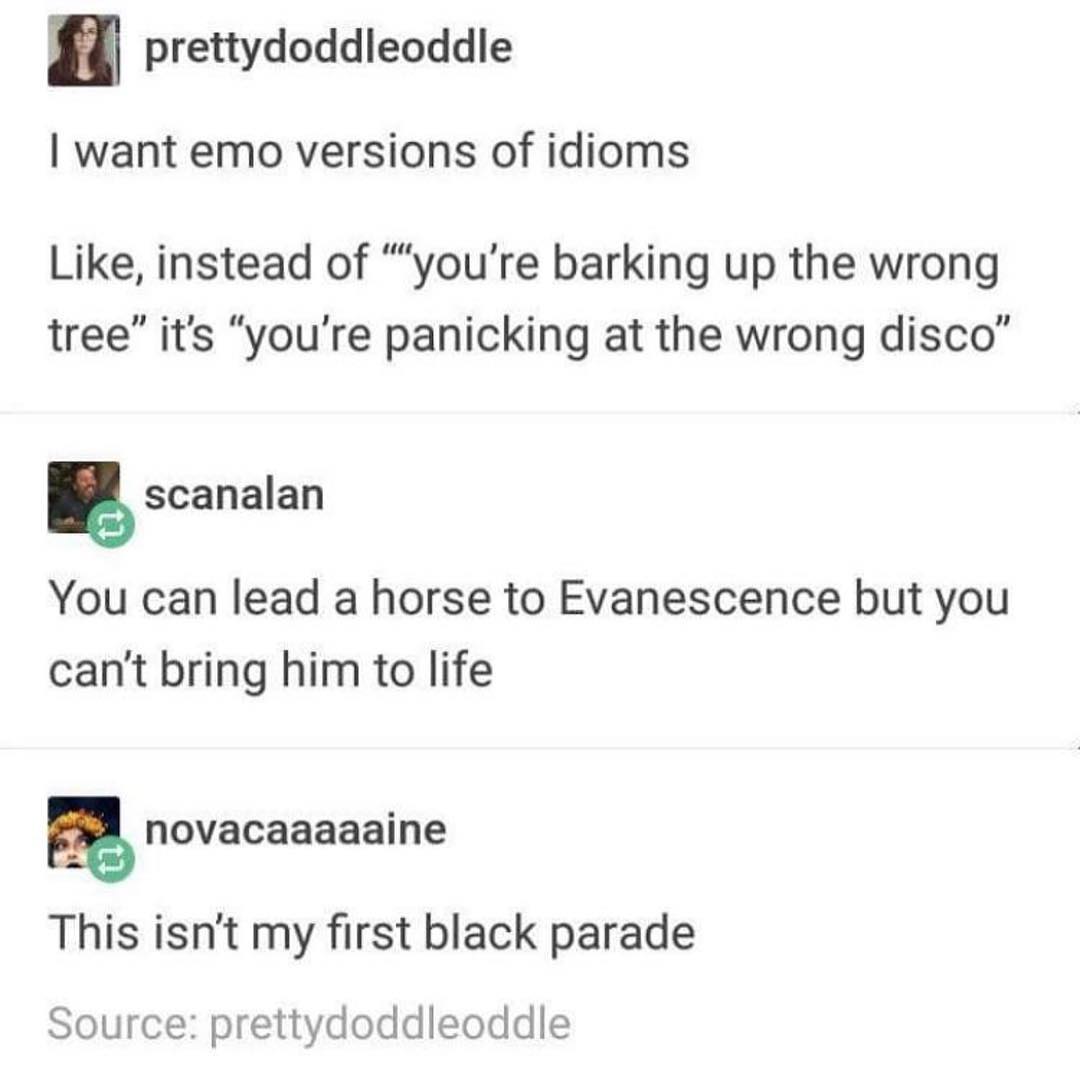 prettydoddleoddle want emo versions of idioms i Like instead of youre barking up the wrong tree its youre panicking at the wrong disco 5 scanalan You can lead a horse to Evanescence but you cant bring him to life novacaaaaaine This isnt my first black parade Source prettydoddleoddle
