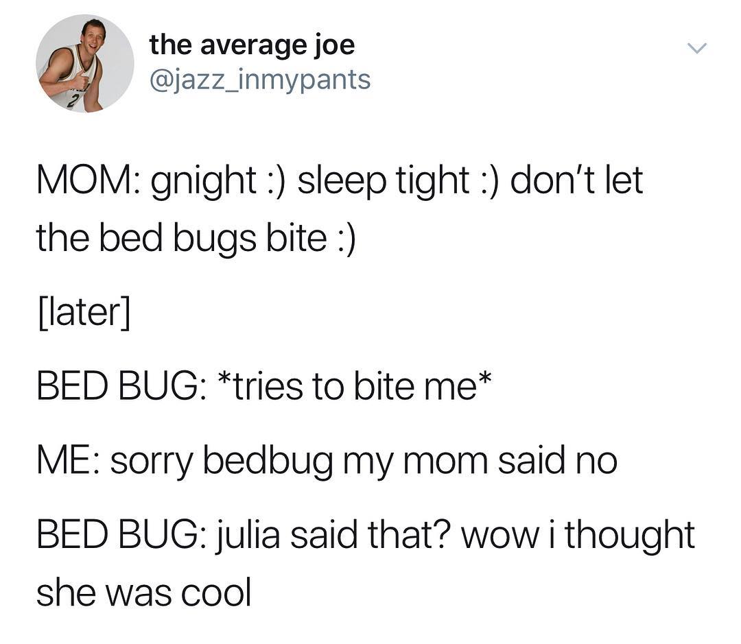 4 the average joe jazz_inmypants MOM gnight sleep tight dont let the bed bugs bite later BED BUG tries to bite me ME sorry bedbug my mom said no BED BUG julia said that wow i thought she was cool