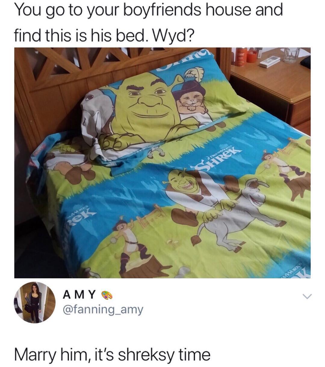 You go to your boyfriends house and find this is his bed Wyd AMY fanning_amy Marry him its shreksy time