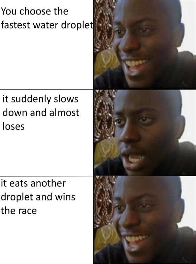 You choose the fastest water dropletiih it suddenly slows down and almost loses it eats another droplet and wins the race