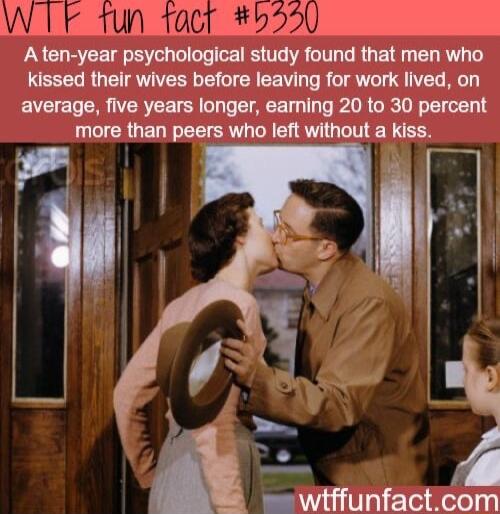 Aten year psychological study found that men who kissed their wives before leaving for work lived on average five years longer eaming 20 to 30 percent mmtmpmvmommm h