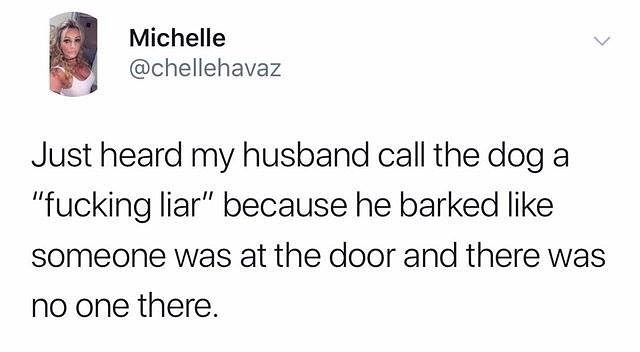 Michelle chellehavaz Just heard my husband call the dog a fucking liar because he barked like someone was at the door and there was no one there