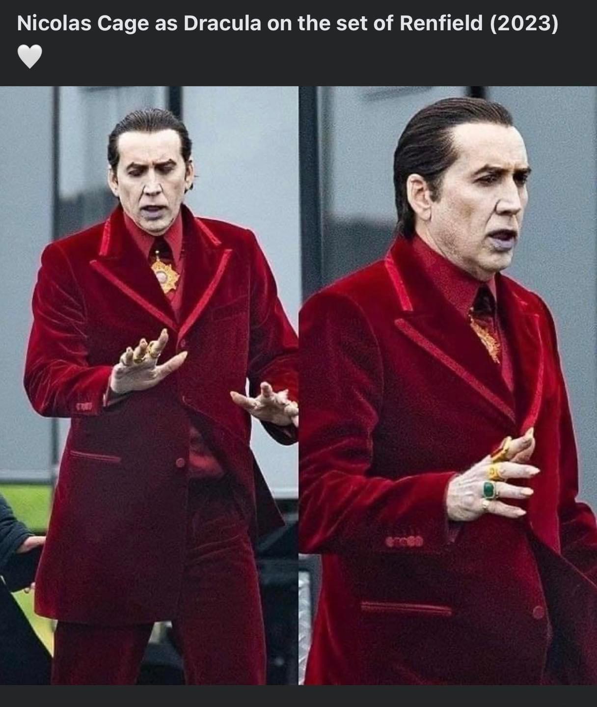 Nicolas Cage as Dracula on the set of Renfield 2023