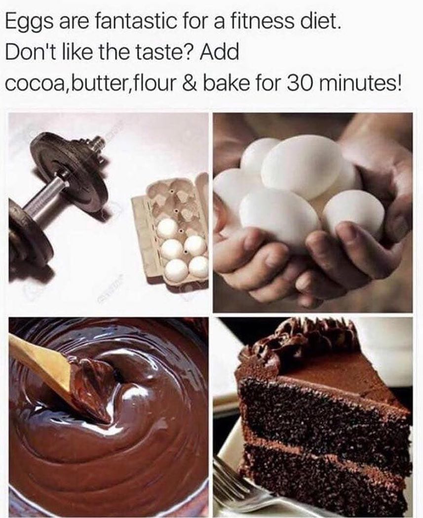 Eggs are fantastic for a fithess diet Dont like the taste Add cocoabutterflour bake for 30 minutes