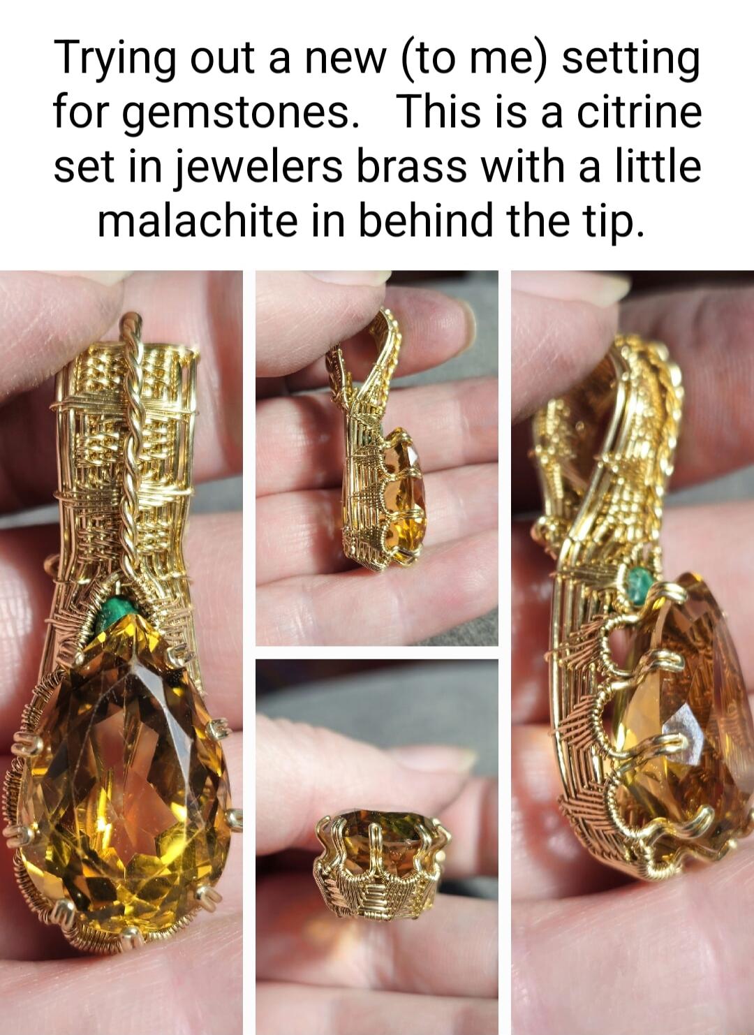 Trying out a new to me setting for gemstones This is a citrine set in jewelers brass with a little malachite in behind the tip
