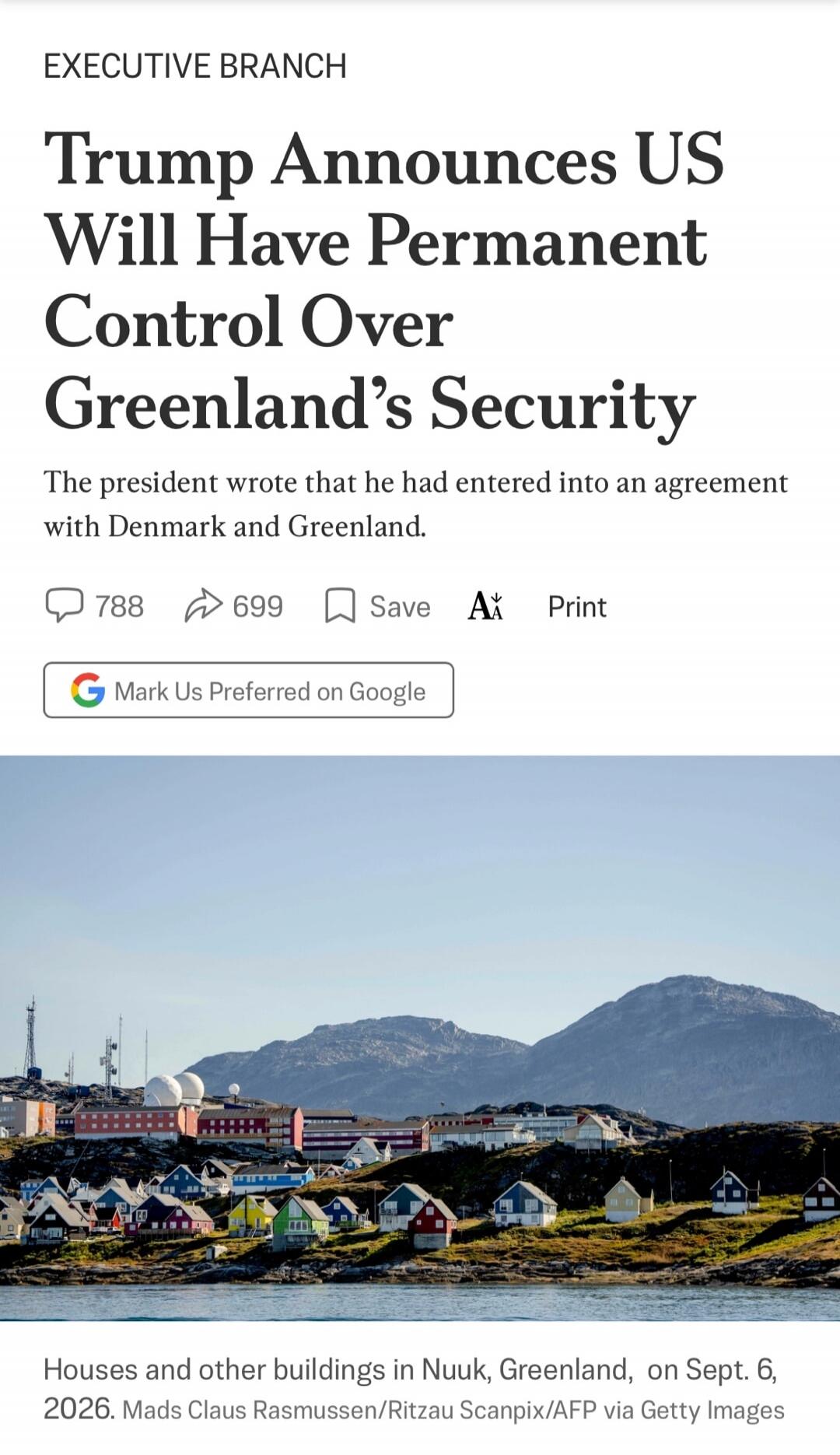 EXECUTIVE BRANCH Trump Announces US Will Have Permanent Control Over Greenland's Security. The president wrote that he had entered into an agreement with Denmark and Greenland. Houses and other buildings in Nuuk, Greenland, on Sept. 6, 2026. Mads Claus Rasmussen/Ritzau Scanpix/AFP via Getty Images.
