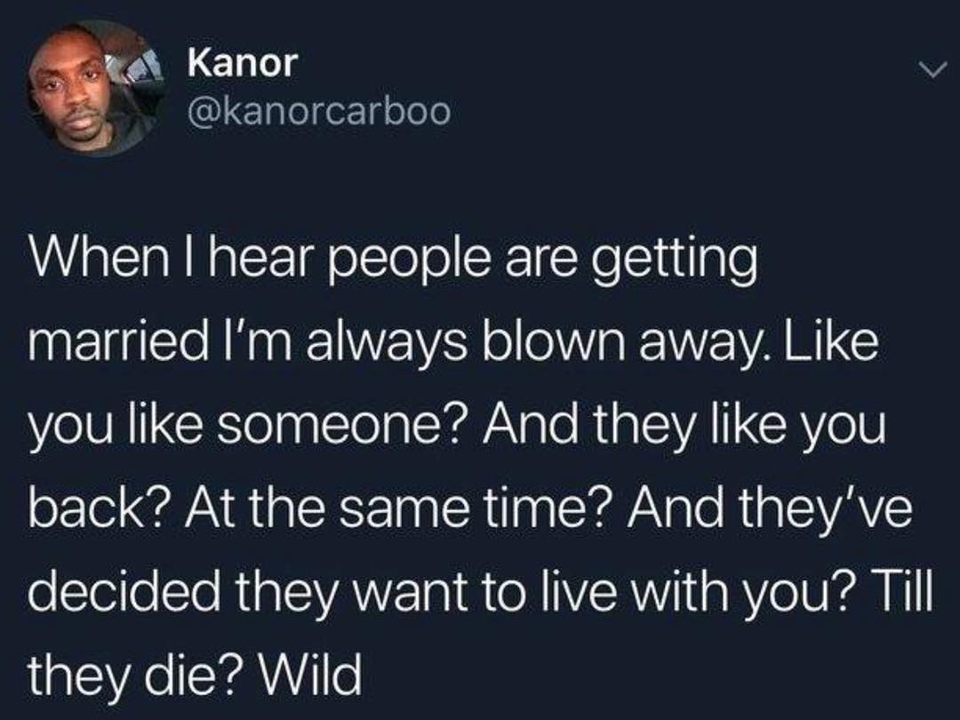 ao Kanor v k A Q gleger1g oloe When hear people are getting married Im always blown away Like you like someone And they like you o1 R EEE I CRil e X Nalo RiglEVAYS decided they want to live with you Till they die Wild