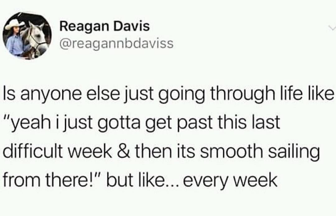 Reagan Davis 3 reagannbdaviss Is anyone else just going through life like yeah i just gotta get past this last difficult week then its smooth sailing from there but like every week