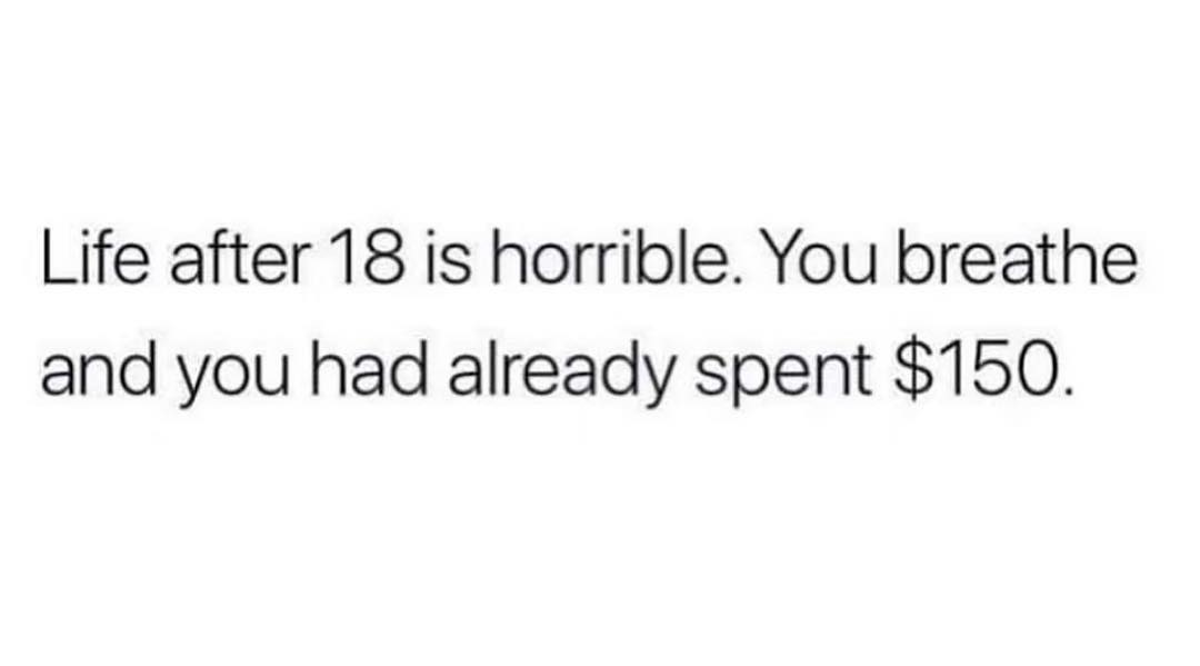 Life after 18 is horrible You breathe and you had already spent 150