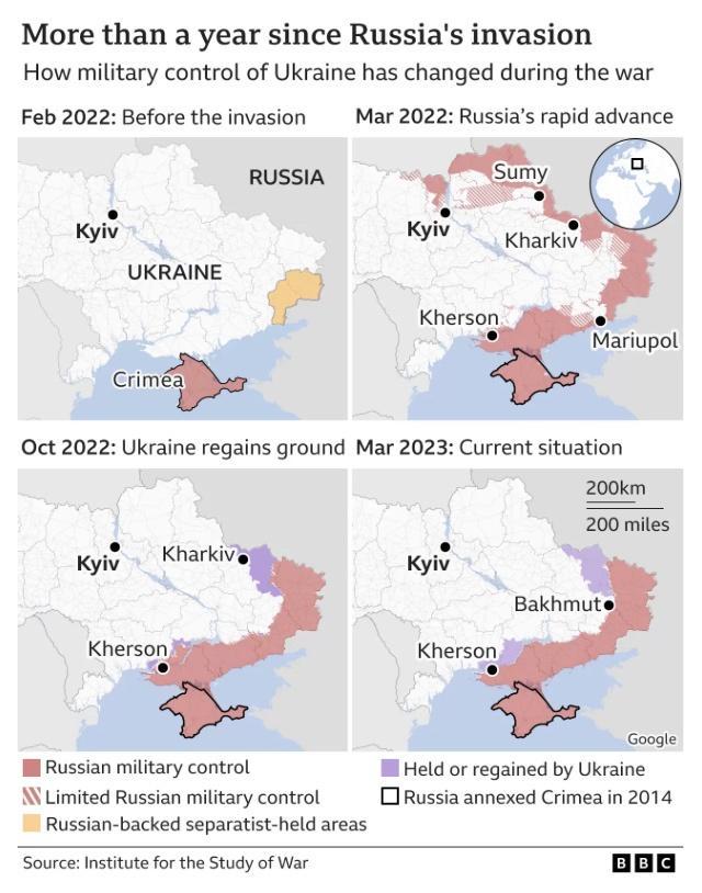 More than a year since Russias invasion How military control of Ukraine has changed during the war Feb 2022 Before the invasion Mar 2022 Russias rapid advance iy RUSSIA Kyiv Kyiv oo UKRAINE Kherson Cvime Oct 2022 Ukraine regains ground Mar 2023 Current situation Mariupol 00kr 200 miles Kyiw Kharkiv Kyiv Bakhmuts Kherson Kharson Goocte M Russian miltary control W Held or regained by Ukraine imited 