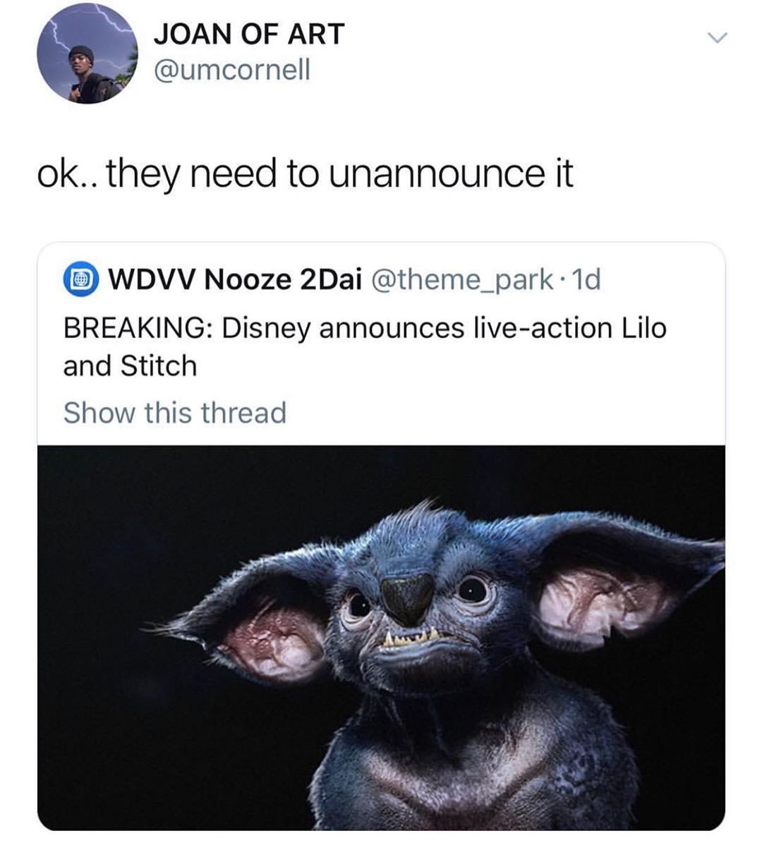 RN W JOAN OF ART umcornell okthey need to unannounce it WDVV Nooze 2Dai theme_park 1d BREAKING Disney announces live action Lilo and Stitch Show this thread