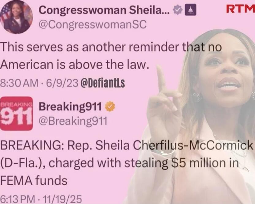 This serves as another reminder that no American is above the law. BREAKING: Rep. Sheila Cherfilus-McCormick (D-Fla.), charged with stealing $5 million in FEMA funds