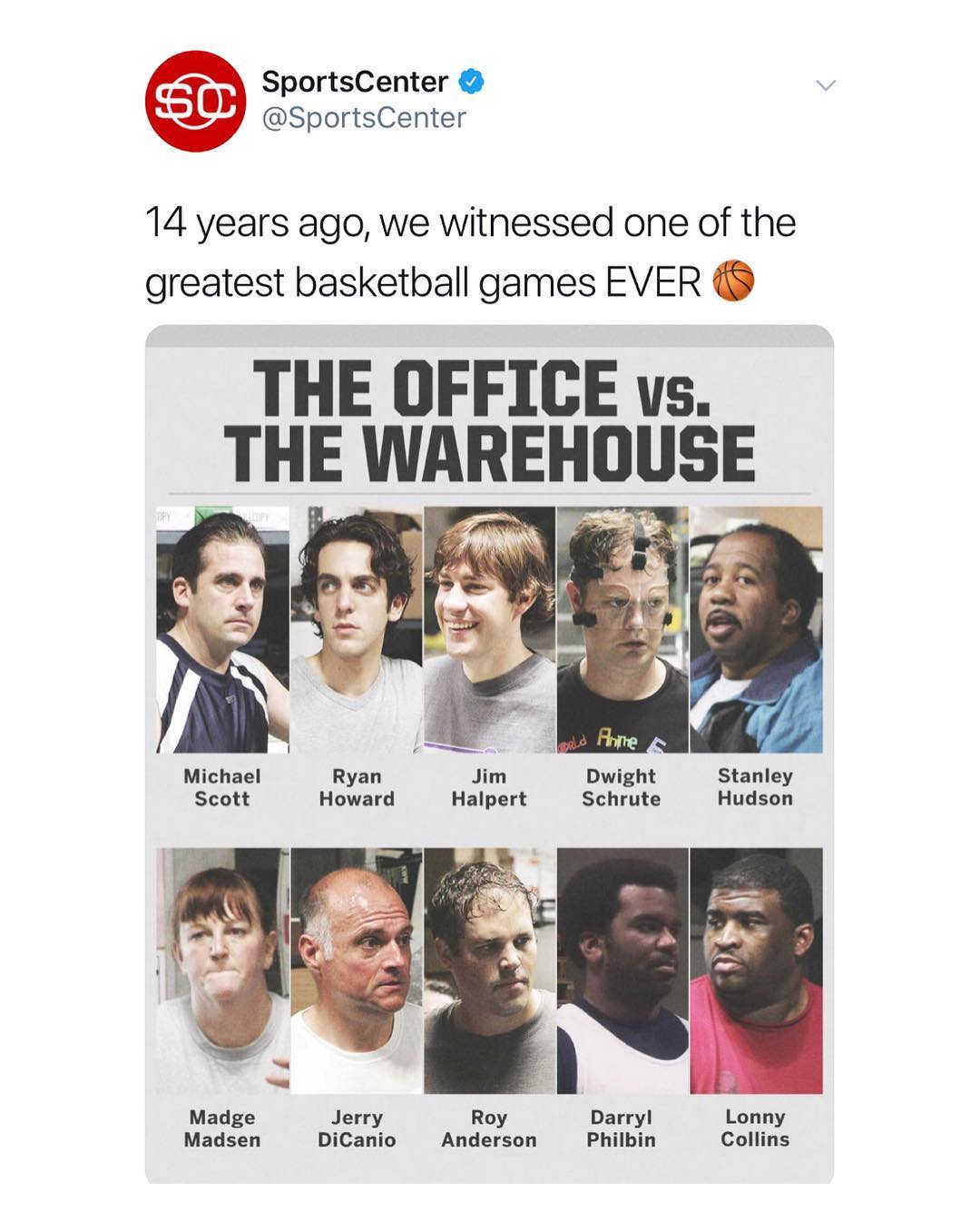 SportsCenter SportsCenter 14 years ago we witnessed one of the greatest basketball games EVER THE OFFICE vs THE WI REHISE G Michael Ryan Jim Dwight Stanley Scott Howard Halpert Schrute Hudson Madge Jerry Roy Darryl Lonny Madsen DiCanio Anderson Philbin Collins