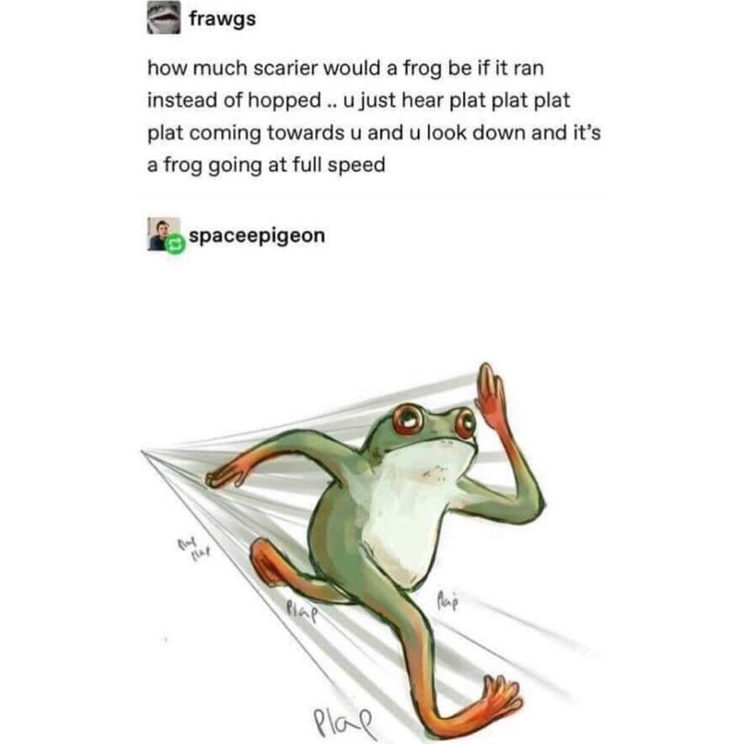 frawgs how much scarier would a frog be if it ran instead of hopped u just hear plat plat plat plat coming towards u and u look down and its a frog going at full speed lspaceepigeon