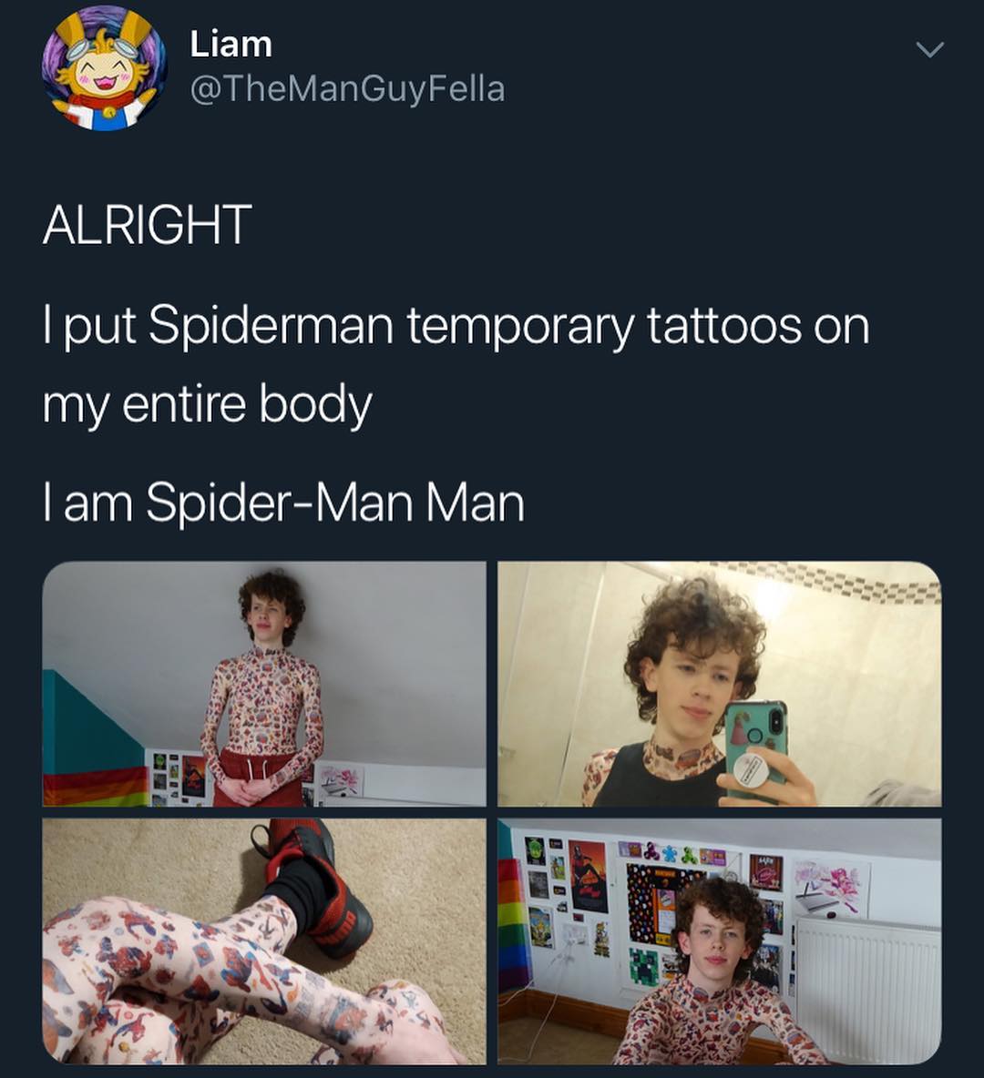 g Liam v QAN ET NI P ALRIGHT put Spiderman temporary tattoos on VACIglt Y eleleY ETaaRSTe e TV EETaRVFoTg