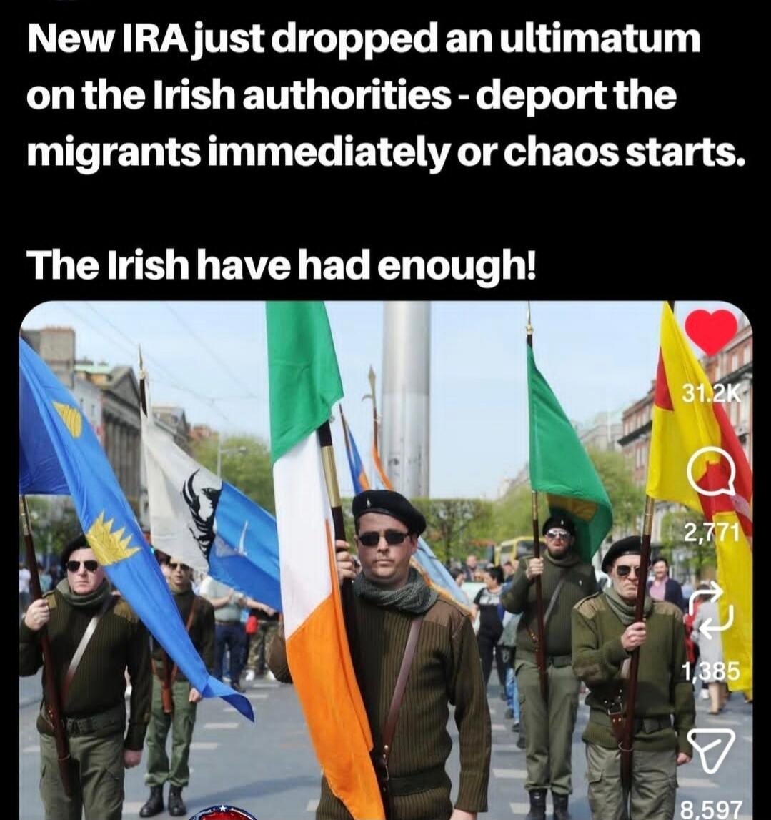 New IRA just dropped an ultimatum on the Irish authorities - deport the migrants immediately or chaos starts. The Irish have had enough!