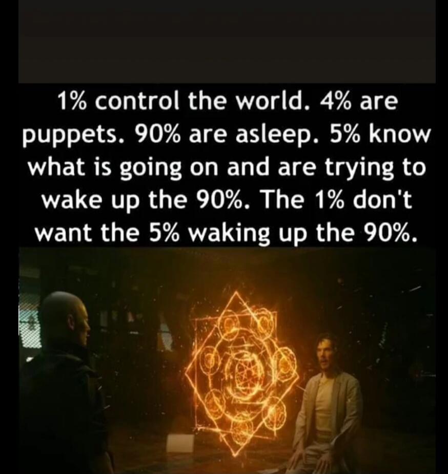 1% control the world. 4% are puppets. 90% are asleep. 5% know what is going on and are trying to wake up the 90%. The 1% don't want the 5% waking up the 90%.