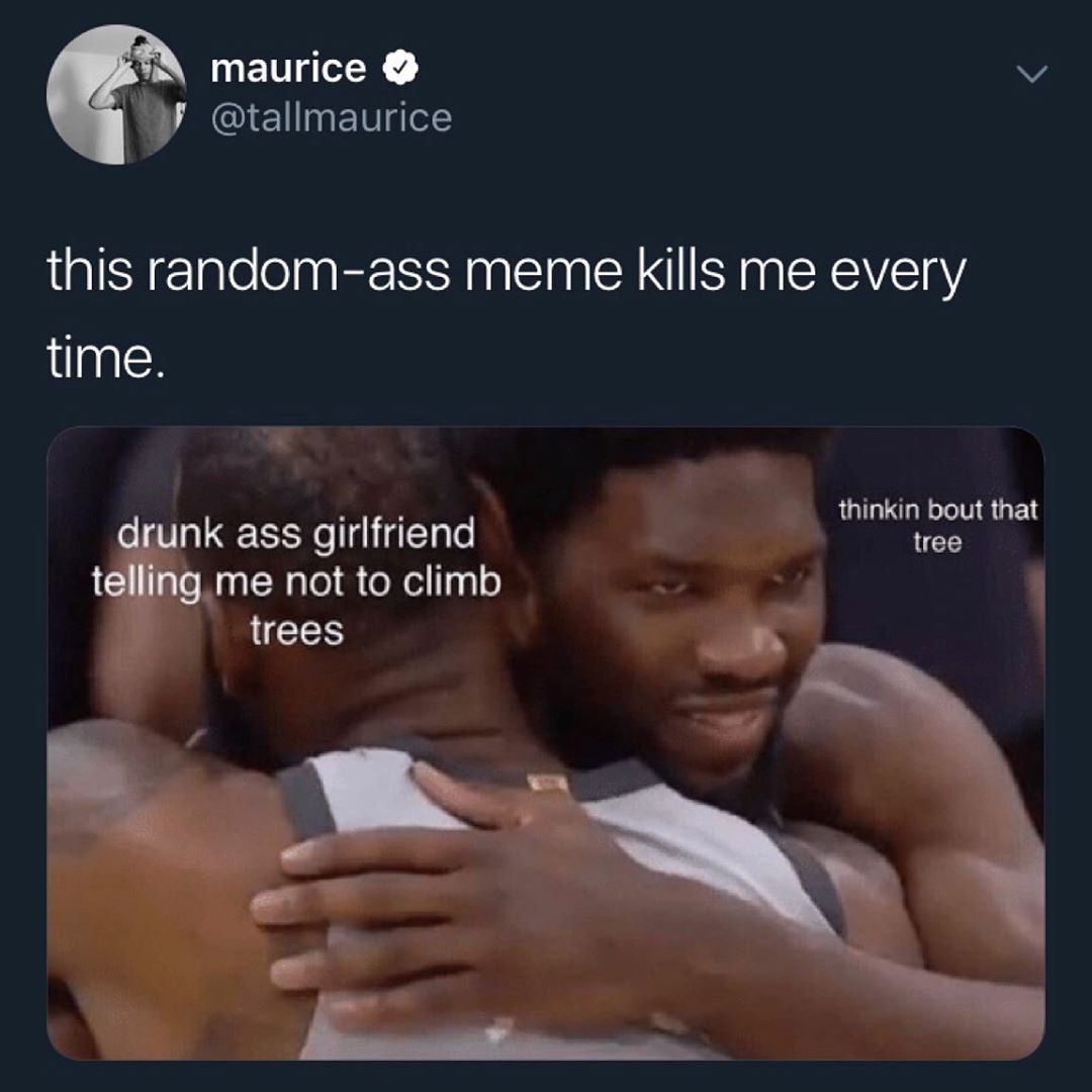 i maurice v v I glel this random ass meme kills me every time w g o e thinkin bout that unk ass girlfriend oo R me not to climb trees t