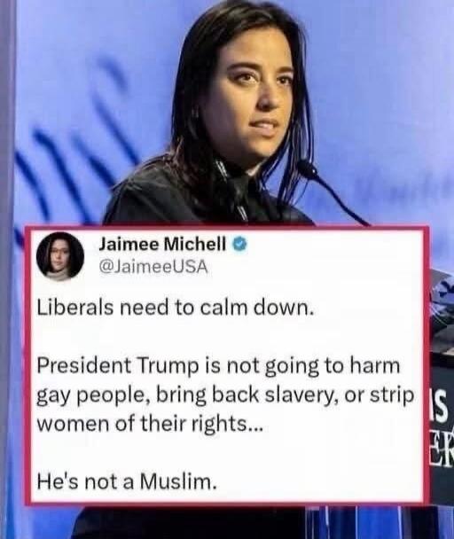 Jaimee Michell @JaimeeUSA Liberals need to calm down. President Trump is not going to harm gay people, bring back slavery, or strip women of their rights... He's not a Muslim.