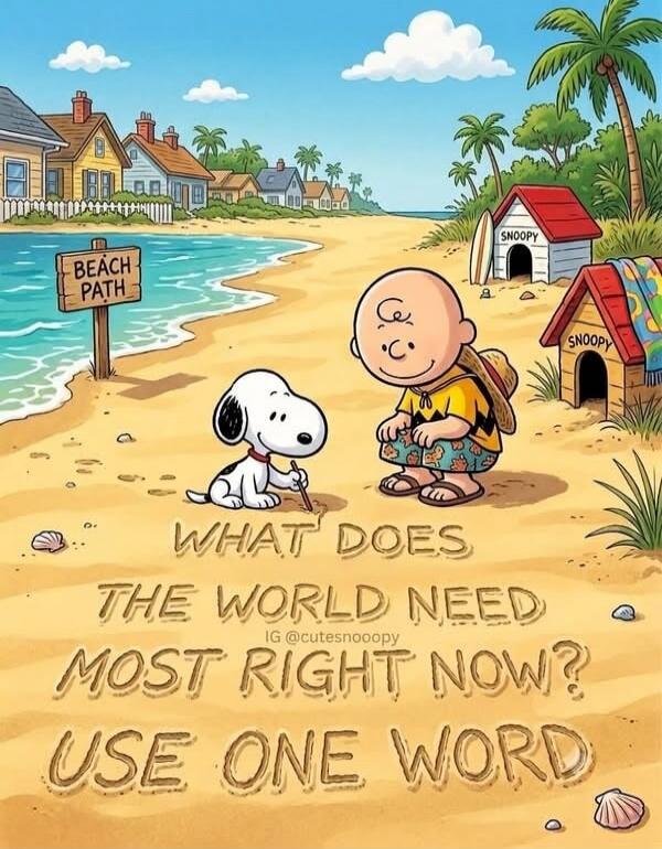 BEACH PATH SNOOPY WHAT DOES THE WORLD NEED MOST RIGHT NOW? USE ONE WORD IG @cutesnoopy