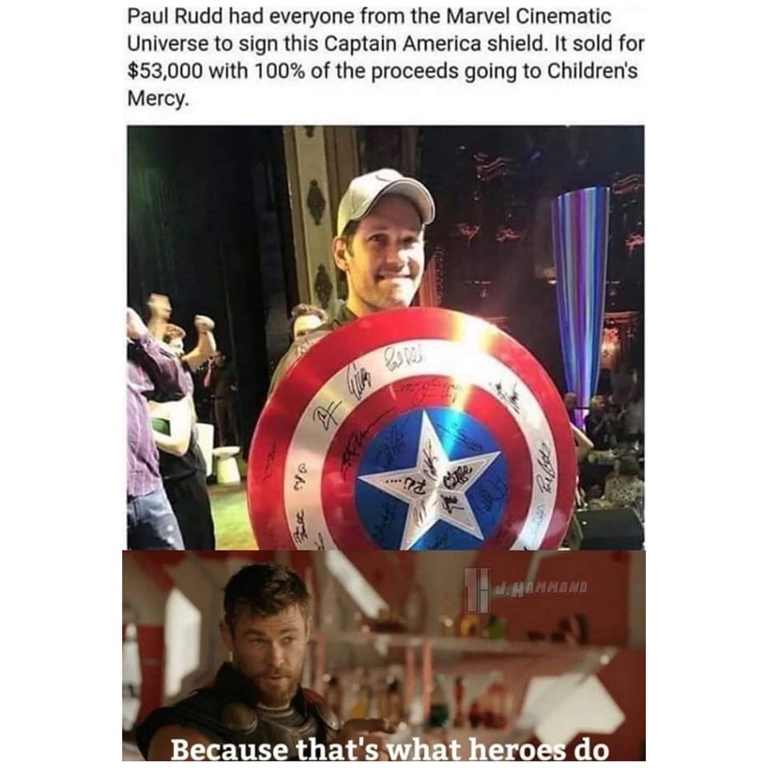 Paul Rudd had everyone from the Marvel Cinematic Universe to sign this Captain America shield It sold for 53000 with 100 of the proceeds going to Childrens Mercy
