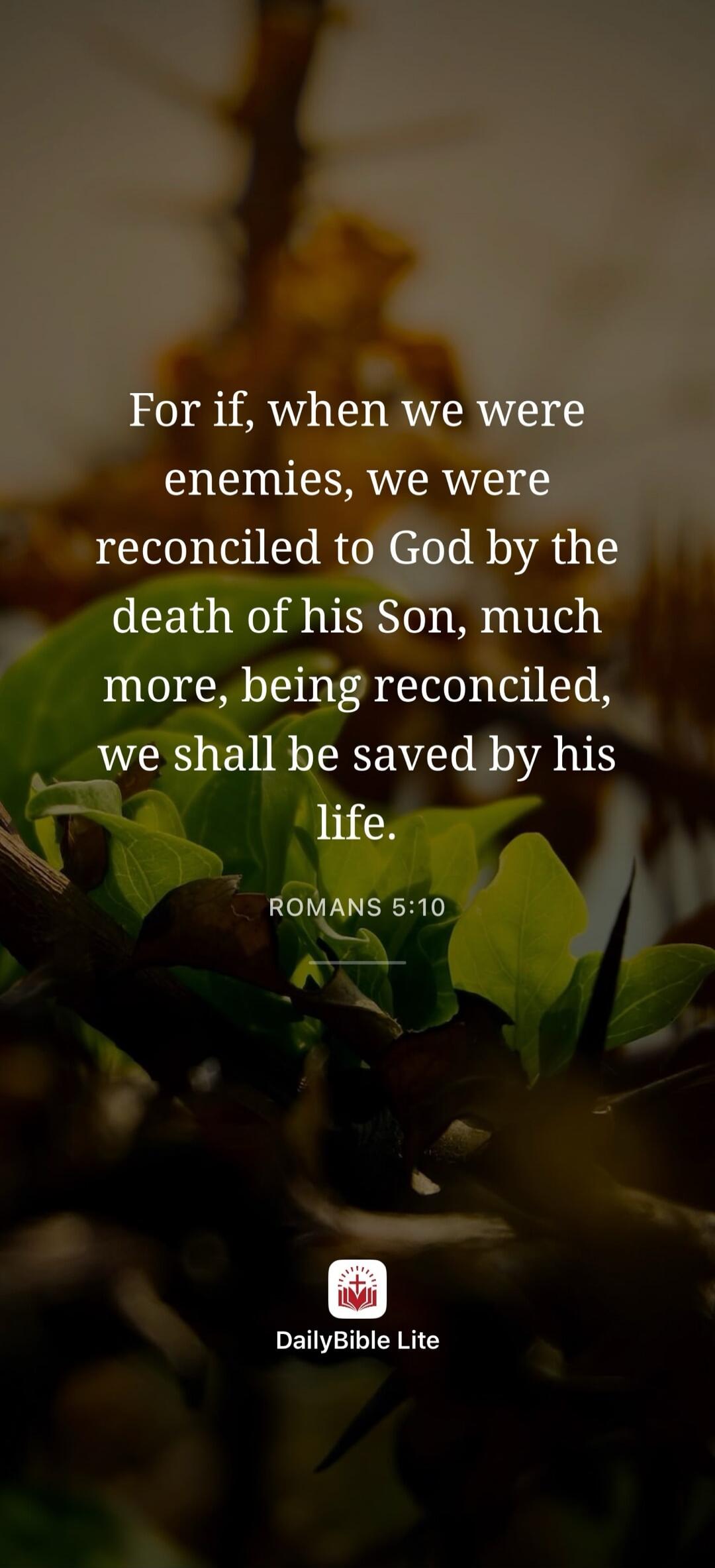 For if, when we were enemies, we were reconciled to God by the death of his Son, much more, being reconciled, we shall be saved by his life. ROMANS 5:10 DailyBible Lite
