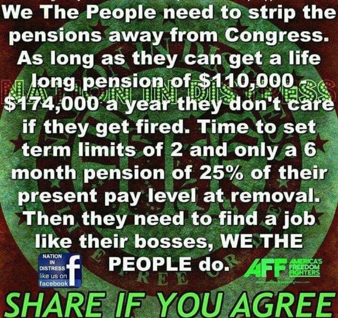 Join RightOnlynet the PRIVATE Social pIatfolggpfor Trump supporters ONLY We The People need to strip the pensions away from Congress As long as they can get a life 1 jong pensuonmf 110 000 P R A DN if they get fired Timeto set term limits of 2andonlya 6 month pension of 25 of thelr present pay level at removal Then they need to find a job TLUCROTH LI Sy Il o o 3 3 do MEE Ay like us o W BIGHTERS ma